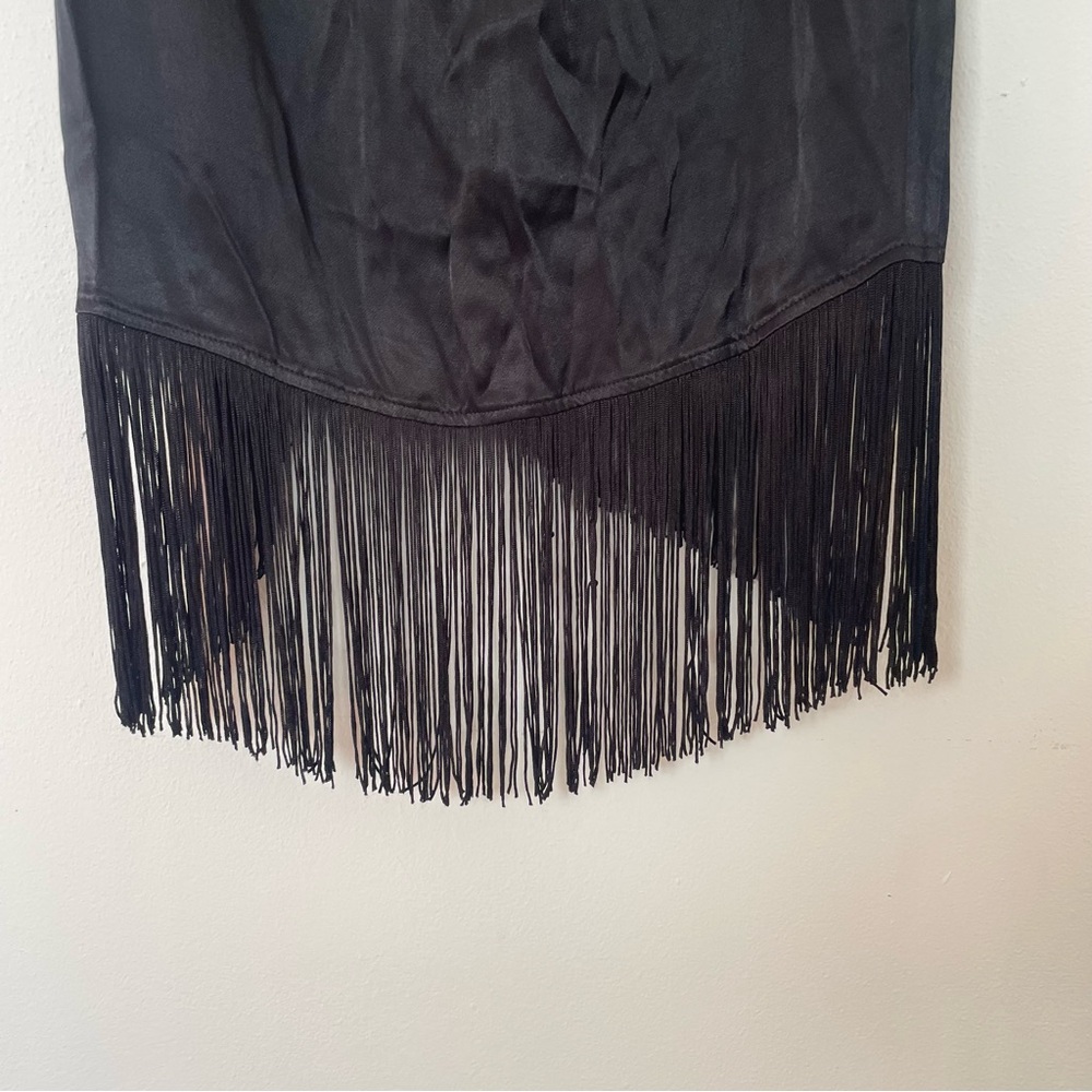 Anthropologie Women’s Long Black Asymmetrical Fringe Satin Split Skirt Size 6 - Picture 7 of 12